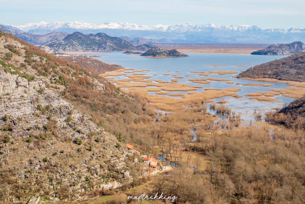 While living in Montenegro we go to see Lake skadar with light blue water and orange brush lining edge along with a small group of orange roofed houses and there are snow capped mountains in the background