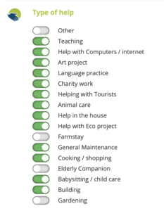 Having the correct type of help chosen allows a host to filter their search and reduces the amount of people you complete against. On this profile example our workaway volunteer has chosen most things to increase his chances.