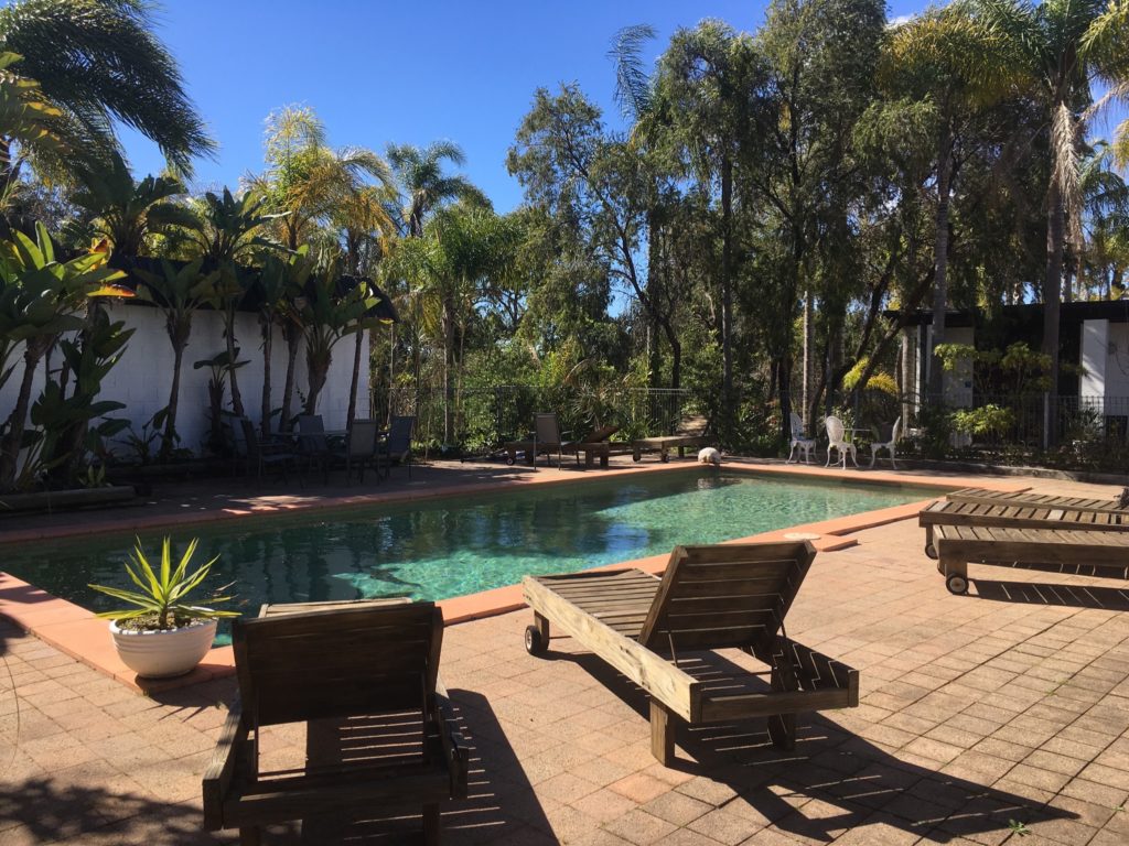 Clear pool, sun lounging beds and a clear blue sky. Many reasons to love this yoga retreat.